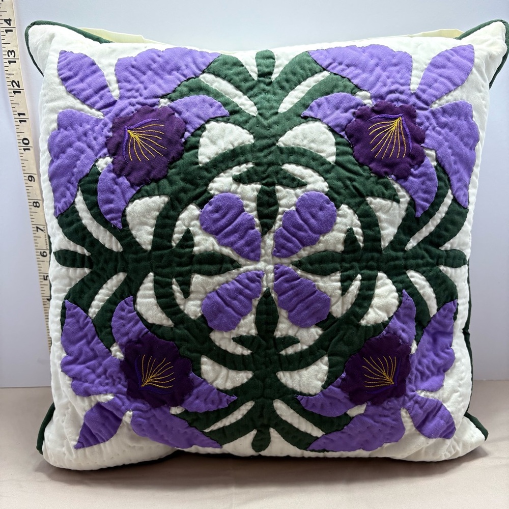 Hand Quilted Exquisite Hawaiian Orchid Pattern Purple Green Pillow